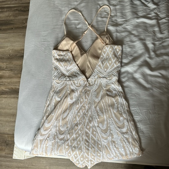 Lulus Catch a Spark White and Beige Sequin Romper for bachelorette shower or fun - Picture 7 of 13